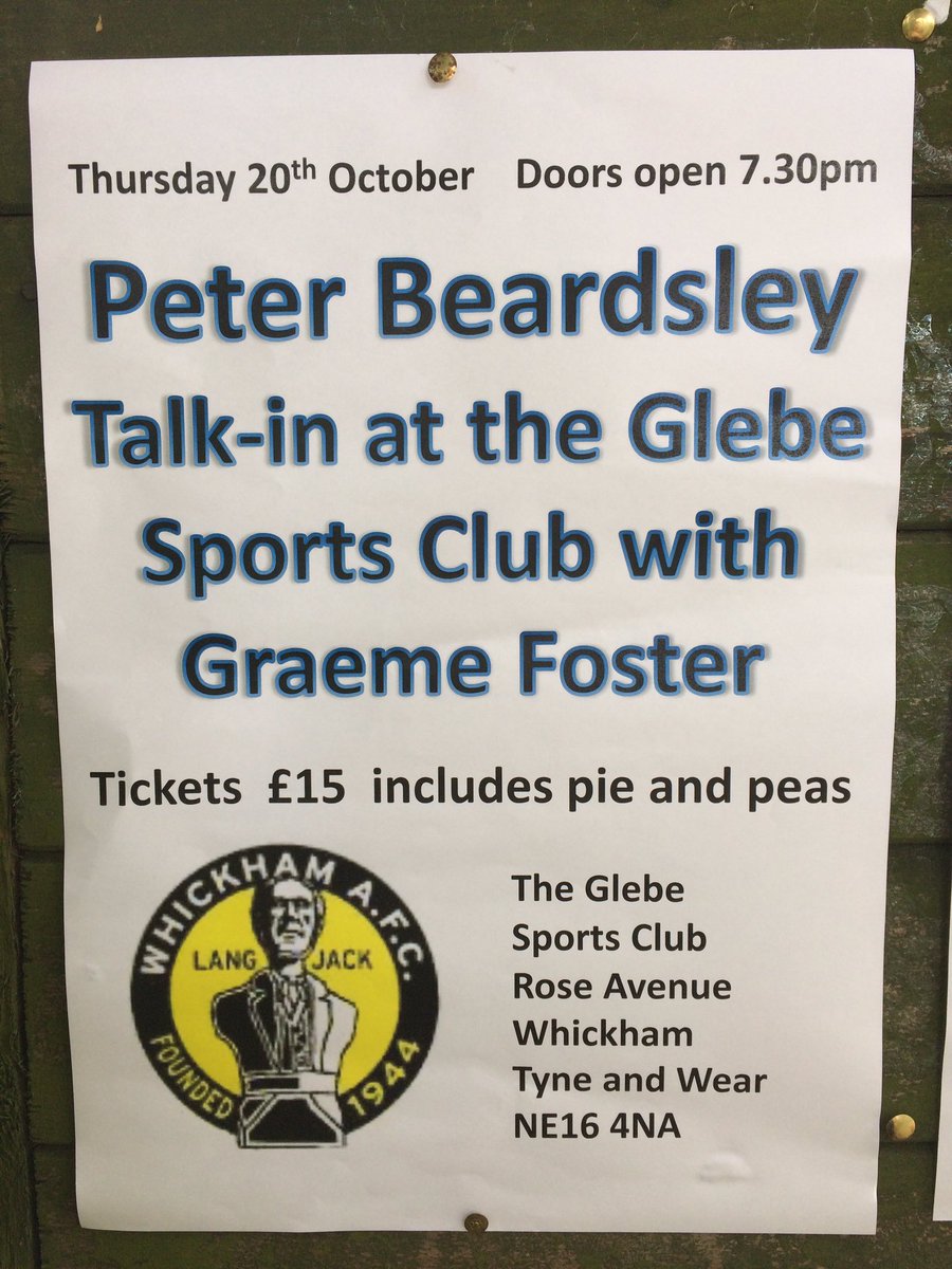 WhickhamFC's tweet image. Don't forget...We're hosting a Peter Beardsley talk this Thursday night! Get your tickets at the Glebe bar or via @Tails39!