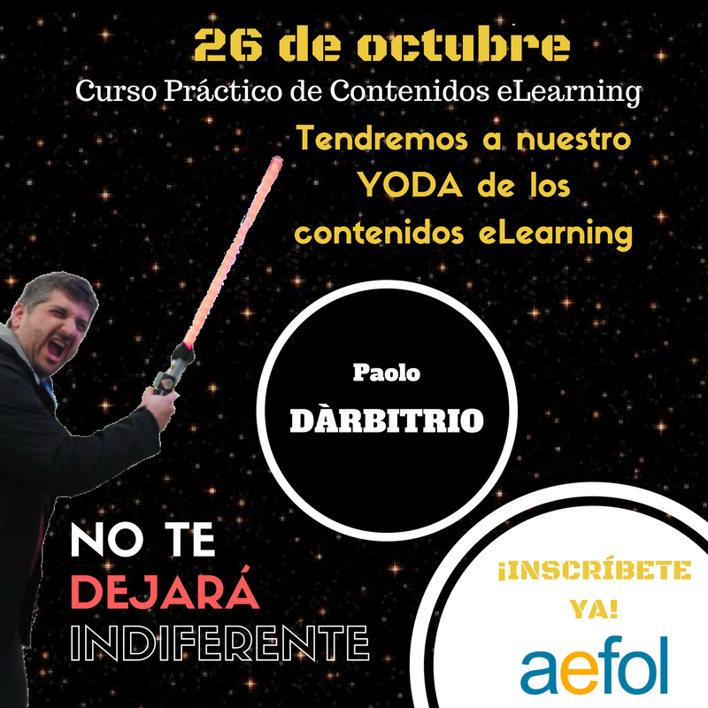 EXPORRHH's tweet image. 26 OCT con @pdarbi nuestro YODA! No te lo pierdas! #contenidoselearning #elearninganalytics y mucho más! Inscríbete! aefol.com