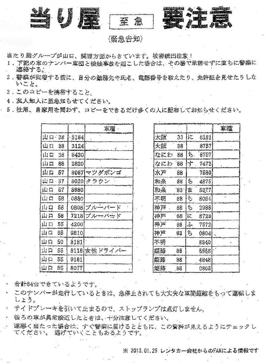 都市伝説 超常現象アーカイブ Twitter Da 当たり屋グループ 出現チラシの内容例 当たり屋グループが来た ナンバー車と接触事故を起こした場合は その場で示談せずに直ちに警察に連絡すること 警察が到着する前に 自分の勤務先や氏名 電話番号は絶対に言わない