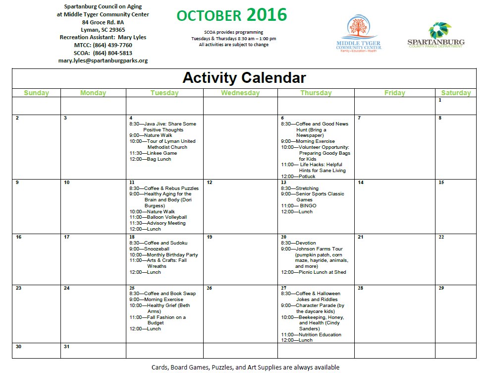 Check out the October Calendar for activities and learning opportunities for 50+ to participate in! Tues &amp; Thurs 8:30-1:00 <a href="/SptbgParks/">Spartanburg Parks</a>