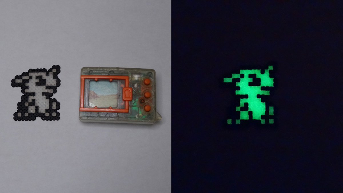 犬牙美ガミコ 自分でドット絵で欠かせないといえばデジモンなので 初代デジタルモンスターver 2よりガブモンさんに出てきてもらいました 今回は暗闇で光る 作ってて思うけど 本当あの複雑さを黒1色の16 16ドットだけで表現しているのは職人だと思います