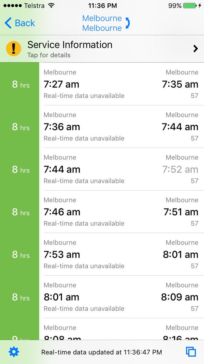 timetableassoc's tweet photo. Even the #tripview app shows the 57 short working to Kensington departing later but arriving first @craig_halsall @railmaps @yarratrams https://t.co/x1XFVDgtkr