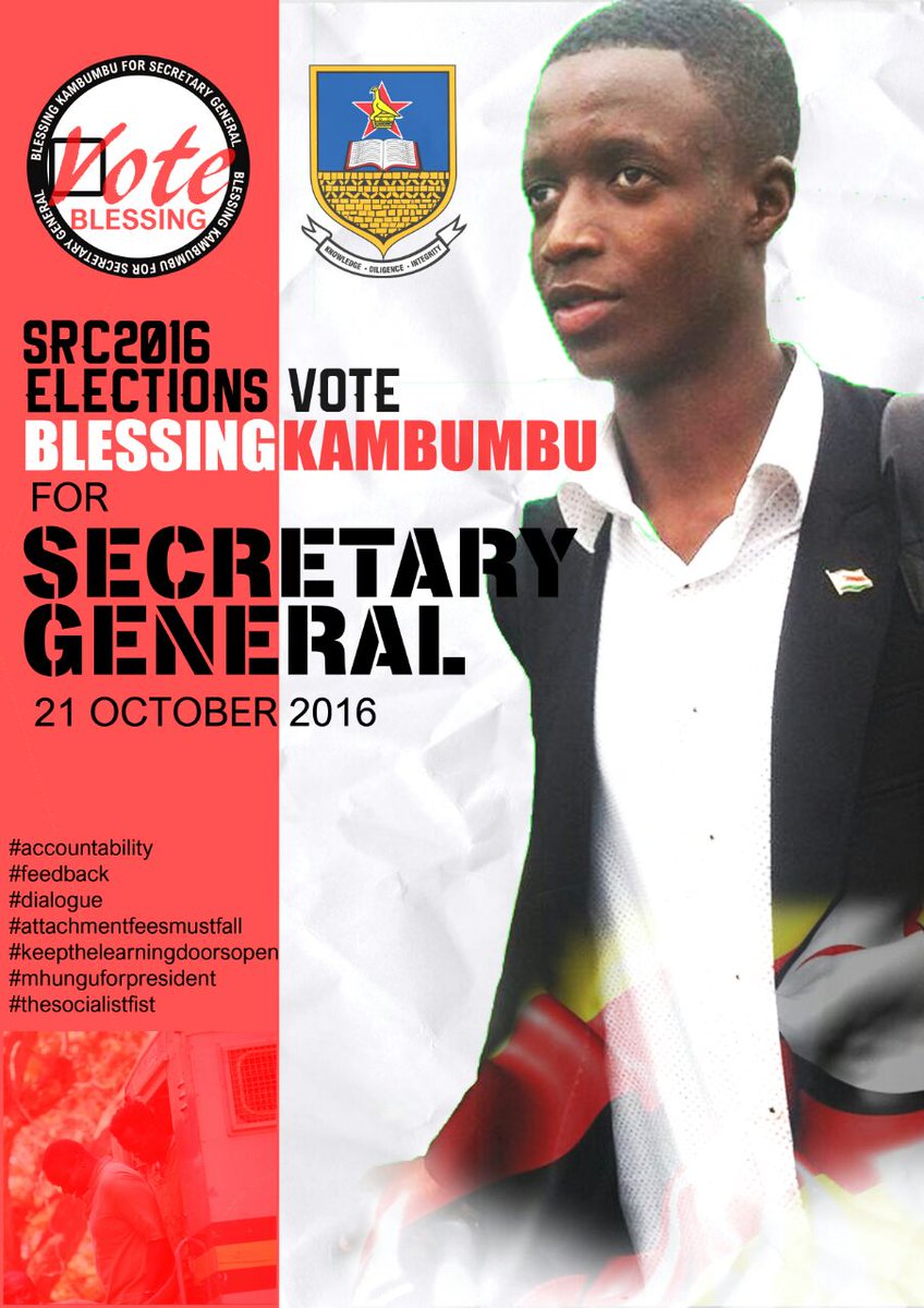 yardsczim's tweet photo. UZSRC ELECTION 2016
Vote @general_beekay Blessing Kambumbu for SG
#teamMHUNGU https://t.co/ncDYqVrQqO