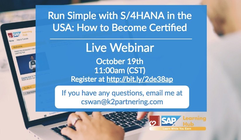 K2Partnering's tweet photo. Learn the fundamentals of S/4HANA including #SimpleFinance and #SimpleLogistics - register for our free #webinar https://t.co/IpApaaA2Gb https://t.co/Dc5r1nBi1H