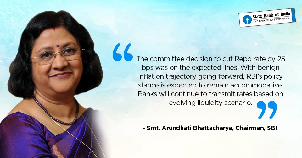 TheOfficialSBI's tweet image. SBI&apos;s Chairman, Smt. Arundhati Bhattacharya shares her views on RBI monetary policy announcement.