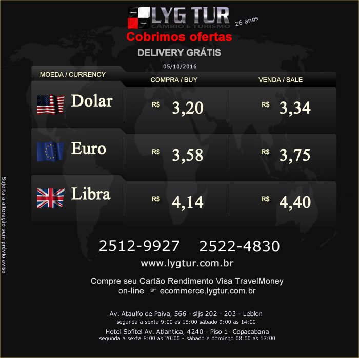 LygTur's tweet photo. TAXAS DIA 05/10 + IOF https://t.co/wdzBpltPiK   #comprecomalygtur #lygturturismo #cambio #seguroviagem #viagem #dolar https://t.co/krNdIVX8Ct