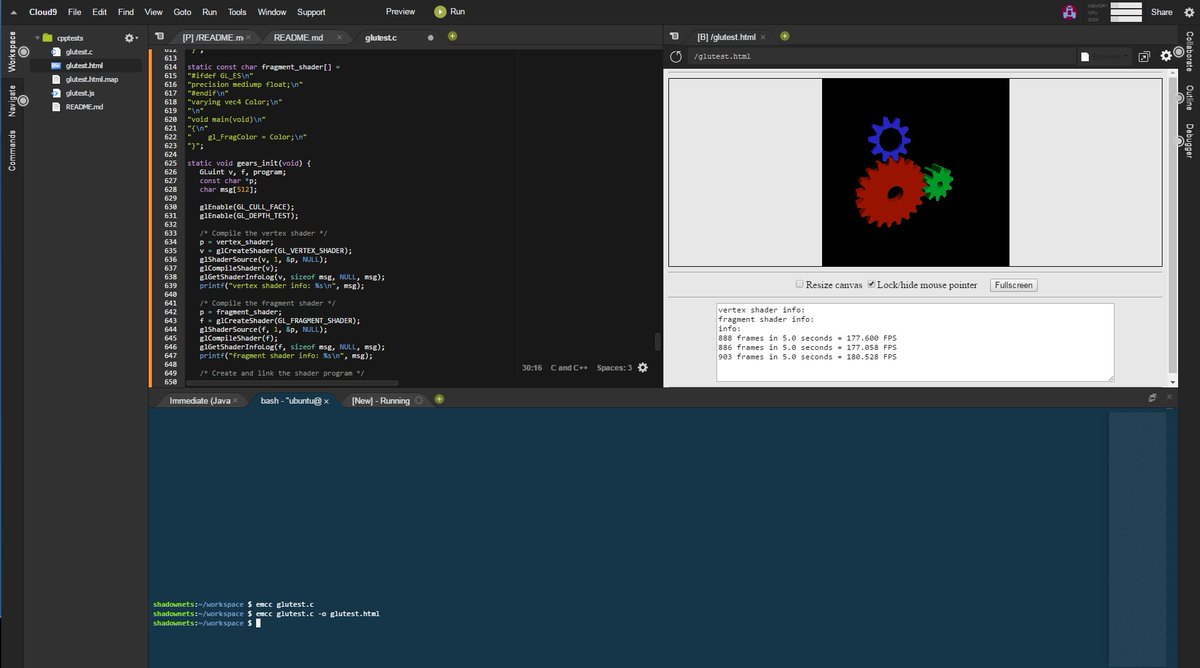 aknavj's tweet image. This is so cool and badass! I simply love playing around with #cpp #emscripten Samples are running now let&apos;s code something own #Cloud9IDE