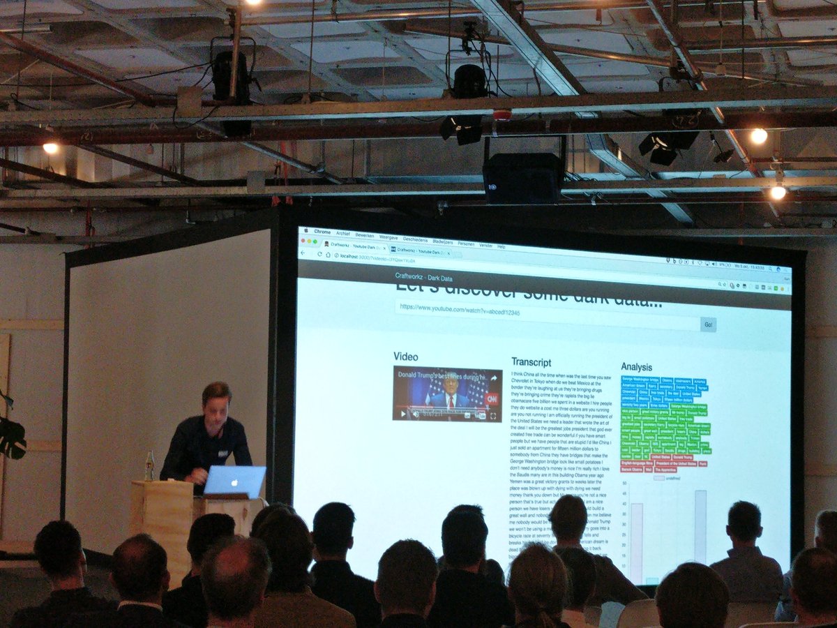 craftworkz_be's tweet photo. Live demo by @samhendrickx analyzing dark data from YouTube video's @B__amsterdam @IBMWatson #WatsonDevDay #ai #darkdata https://t.co/9Kie9XmcfC