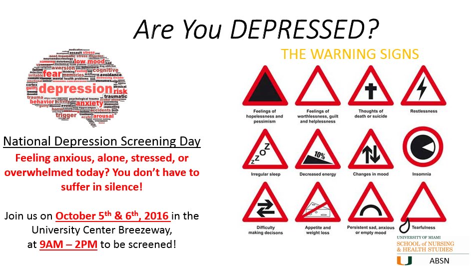 The School of Nursing and Health Studies will be conducting screening for depression today until 2 in the breezeway #DepressionScreeningDay