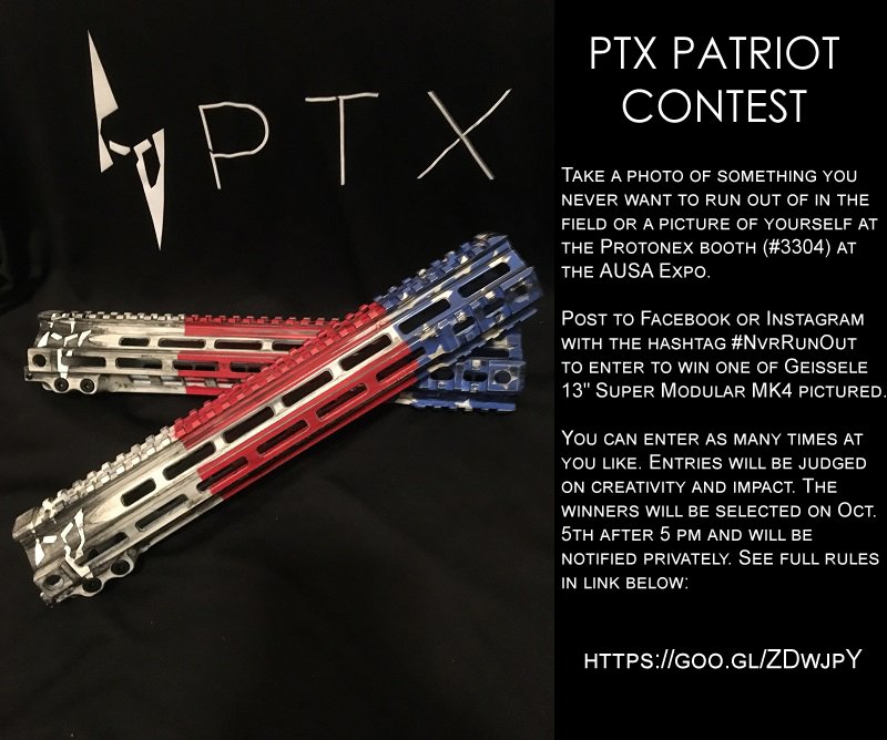ProtonexPower's tweet photo. Last day of #AUSA and our contest for the Geissele rails. Let us know what you want to #NvrRunOut of! Full rules: https://t.co/nPRxN5qnvI https://t.co/EAOfuV3Tdc