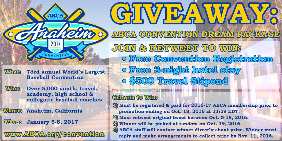 JOIN &amp; RETWEET to WIN ABCA CONVENTION DREAM PACKAGE! FREE convention, 3-night hotel stay &amp; $500 travel stipend! See: ABCA.org/convention