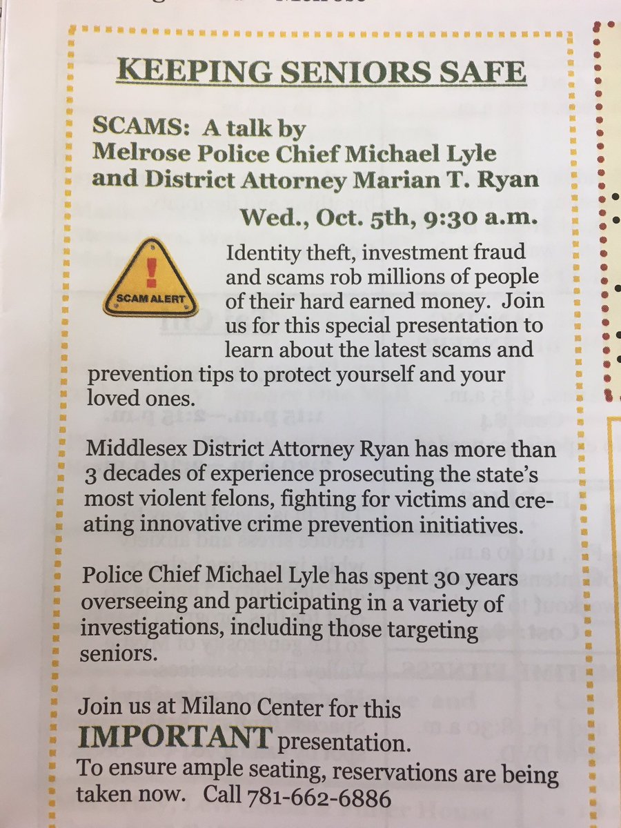 MelroseCOA's tweet photo. Keeping Seniors Safe -Scams &amp; more with District Atty Ryan, Police Chief Lyle, &amp; MVES. Special guests Senator Lewis, Paul Brodeur, &amp; AARP https://t.co/fxRIeV8W1H