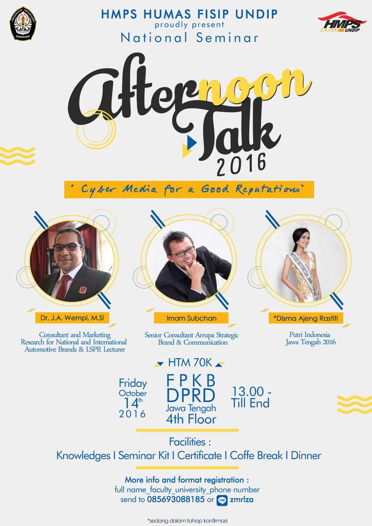 hmpsHumas's tweet photo. HMPS HUMAS UNDIP proudly present:
National Seminar Afternoon Talk 2016 "Cyber Media for a Good Reputations" https://t.co/WOHu0o8JNc