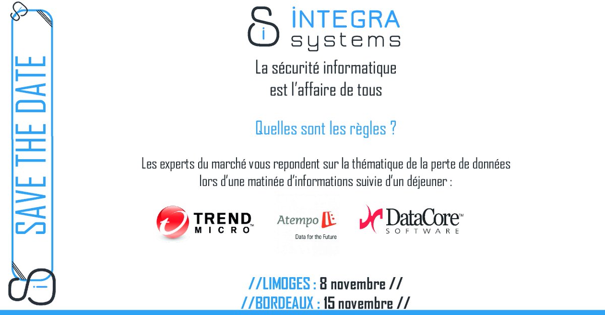 INTEGRA87's tweet photo. Les 8 &amp; 15 novembre, nous organisons 2 events sur la perte de #données à #Bordeaux &amp; #Limoges. https://t.co/DpaZkO6byn #informatique https://t.co/6cmpYAF1to
