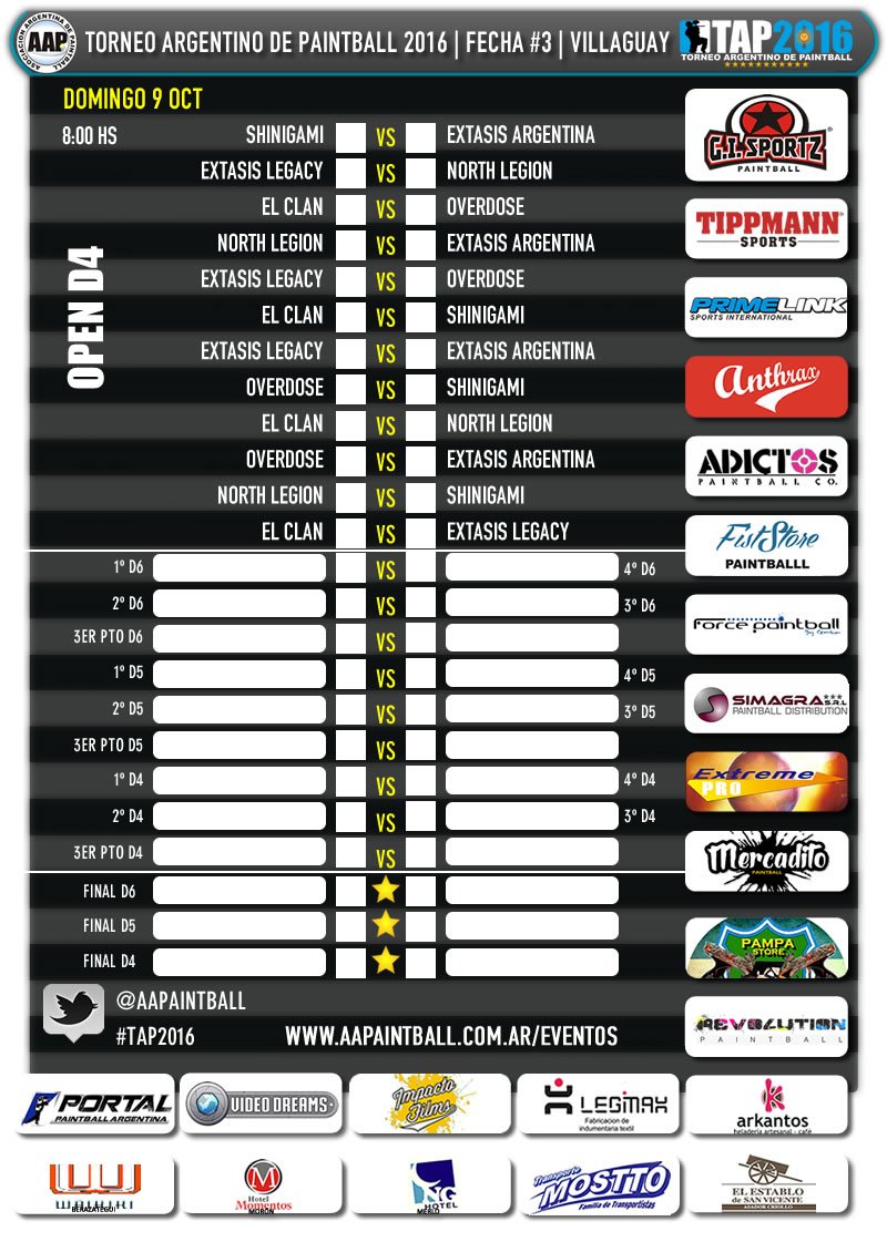 AAPaintball's tweet photo. ¡#Fixture #Día2! Los partidos de la #Fecha3 del #TAP2016 en #Blue&amp;Red #Paintball Villaguay. Más  info: https://t.co/DQG9M7cQXs https://t.co/v5eoU93CKD