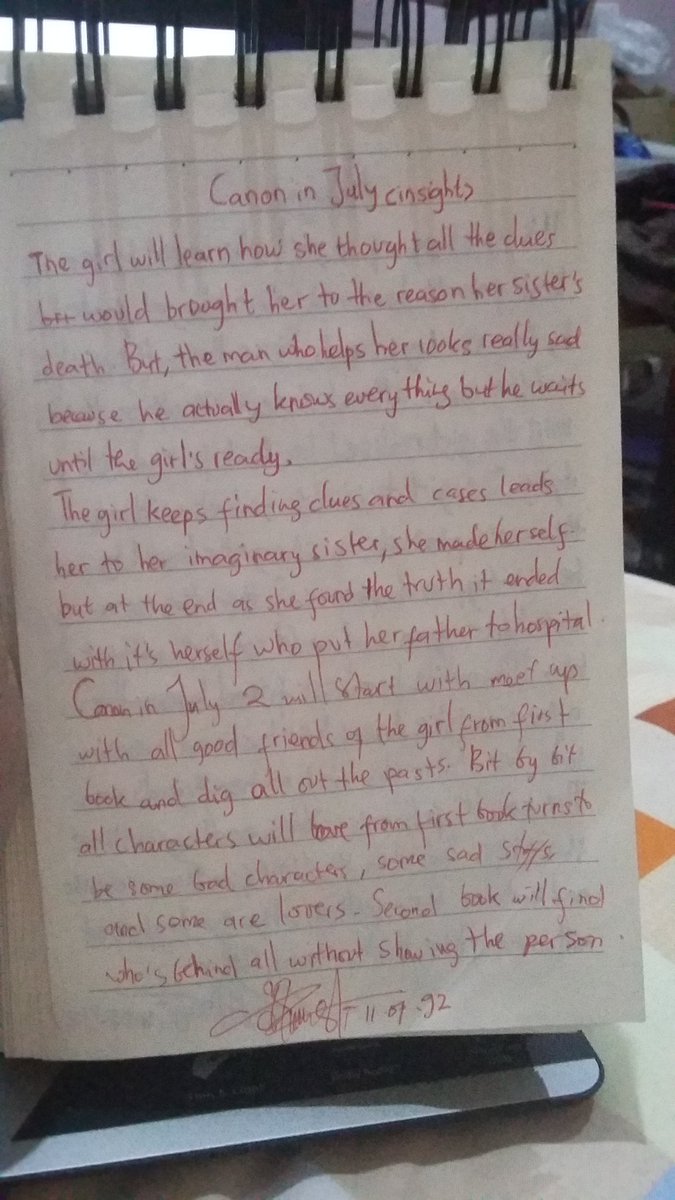 raerst's tweet photo. My notes for short stories to my blog :) and a draft #CanonInJuly (a fictional novel in my story) ^_^ #write2 https://t.co/JAzwvxqAXL