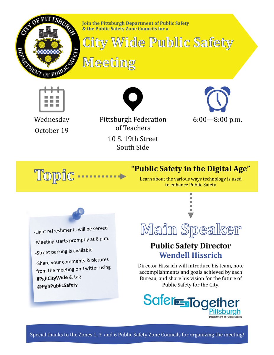 PghPublicSafety's tweet photo. Residents from all Pgh neighborhoods are invited to the fall City Wide Public Safety Meeting on Oct. 19. Details: https://t.co/hRTCuYSgHM https://t.co/5AQD9xokF2
