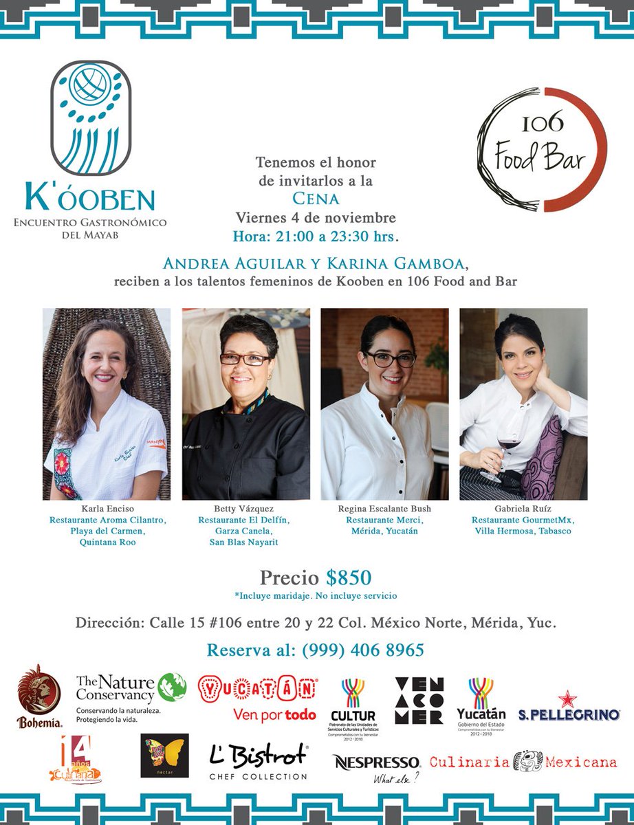 FestivalKooben's tweet photo. La noche del viernes 4 de noviembre, el talento femenino se reúne en @106FoodBarMid para ofrecer una cena maridaje #reserva #kooben2016 https://t.co/ewanqYEA7B