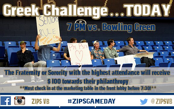 ZipsVB's tweet photo. Attention @UofA_PHC today we want all Fraternities and Sororities to come support #ZipsVB whoever has the highest attendance wins! #GoZips https://t.co/sFdWwaHvtz