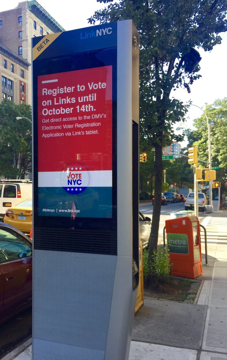 LinkNYC's tweet photo. NYC make your voices heard &amp; your vote count! Swing by your nearest Link between now &amp; Oct. 14th to register to vote https://t.co/CsWCqoqj04 https://t.co/BEYSciXm46