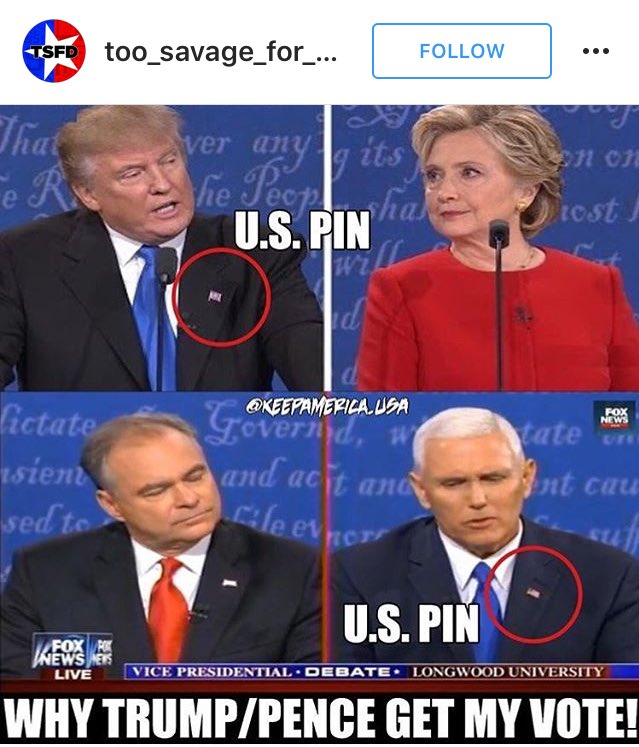 katemines's tweet image. Voting on pins not policies? Kaine's pin honors son who is currently serving BTW #DisappearingMiddleClass #ThatMexicanThingAgain #VPDebate