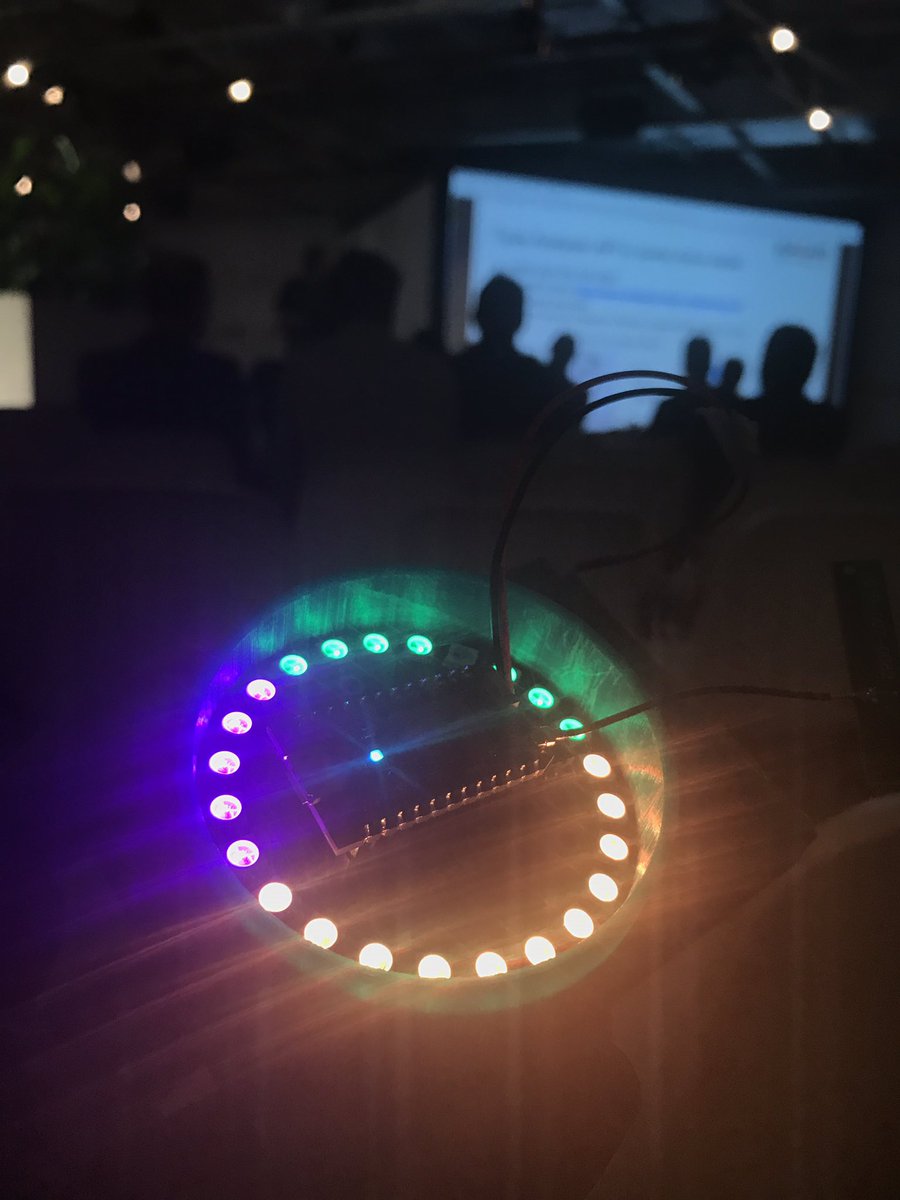 usmanahmedmalik's tweet photo. This thing lights up in different colors based on twitter sentiments. Twitter feeds are analyzed by tone analyzer API #watsondevday #IoT https://t.co/R974cMW3qr