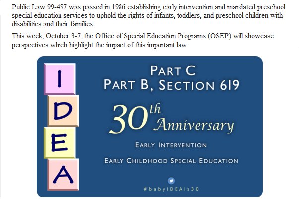 BabyIGDI's tweet photo. #babyIDEAis30 Celebrating 30 yrs of upholding the rights of #Children w/ #disabilities in #ECSpED.  @ED_Sped_Rehab https://t.co/VoJB6k5lDe