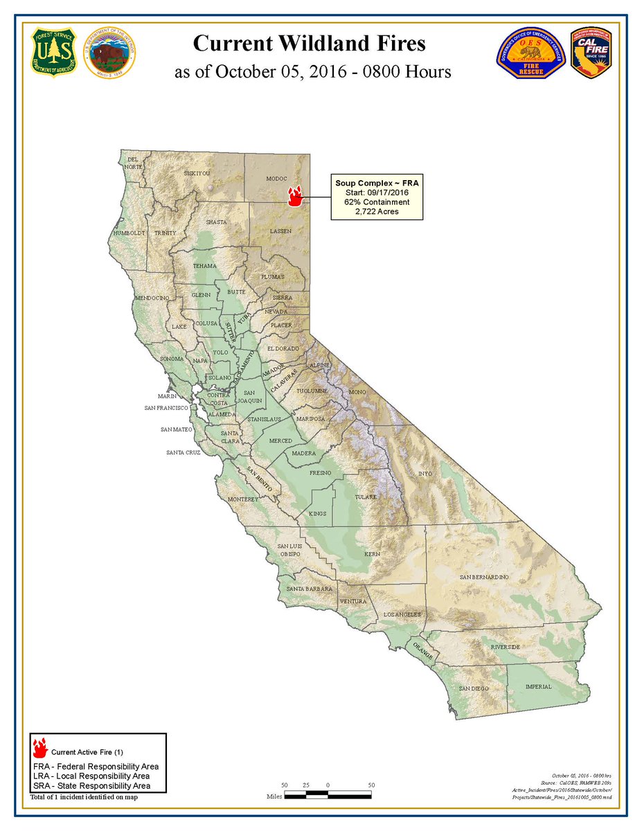 Cal_OES's tweet photo. Statewide Wildland Fire Map for Wednesday, Oct. 5. Almost a clean map. The Soup Complex Fire in Modoc County is the lone active fire in CA. https://t.co/gugaBthmm9