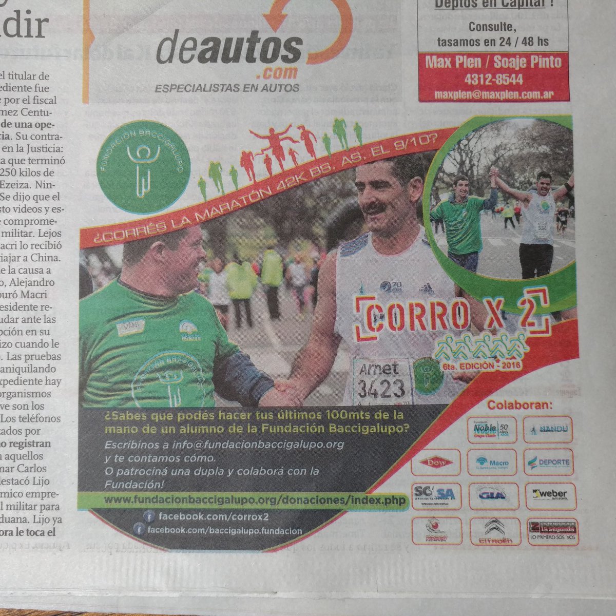 Fundbaccigalupo's tweet photo. Hoy salimos en el cuerpo central del Diario Clarín (pág 19). Se viene el #CorroX2. Maratón de Buenos Aires. Los esperamos en la meta. https://t.co/b8Swa4P71R