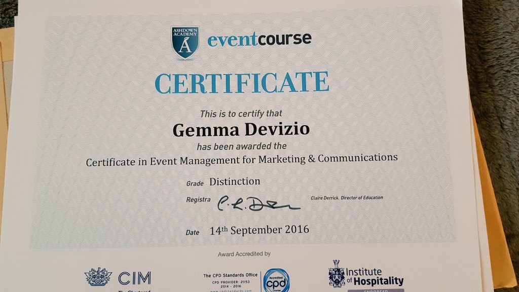 GemmaProduction's tweet photo. I took a week intense course in Event Management in July and just got my certificate!! A distinction, I'm soo proud of myself right now.. https://t.co/Kh1uCXU5D0