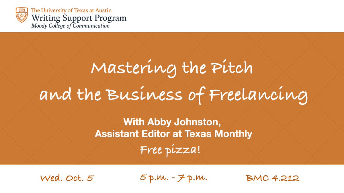 TessCagle's tweet image. Hey #ReportingUT– reminder that this sweet workshop is happening today! Come learn how to make $$$ with @MoodyWriting and @ajohnston12.