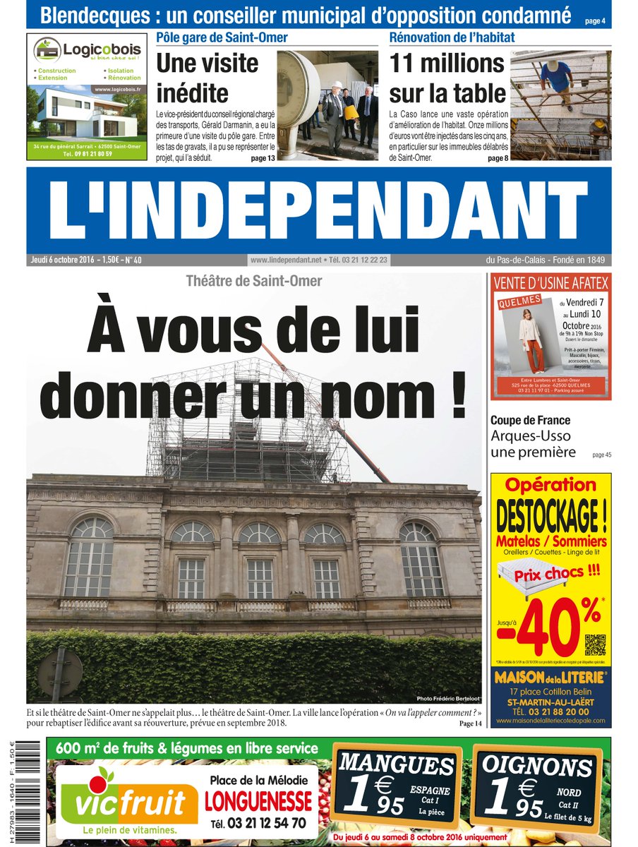 lindependantPDC's tweet photo. À la Une de L'Indépendant de demain #SaintOmer @VilleSaintOmer @amisdutheatre https://t.co/qUO8VHW6Ea