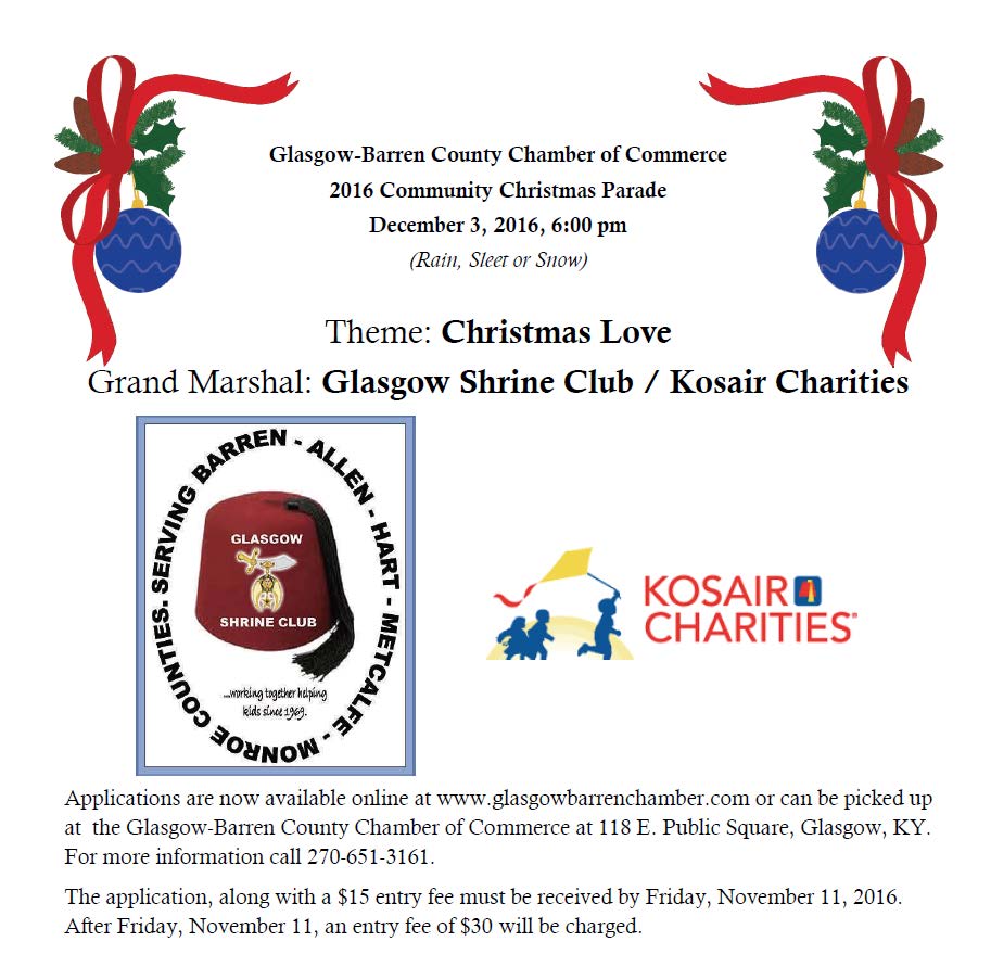 Glasgow-Barren County Chamber of Commerce
2016 Community Christmas Parade
December 3, 2016, 6:00 pm