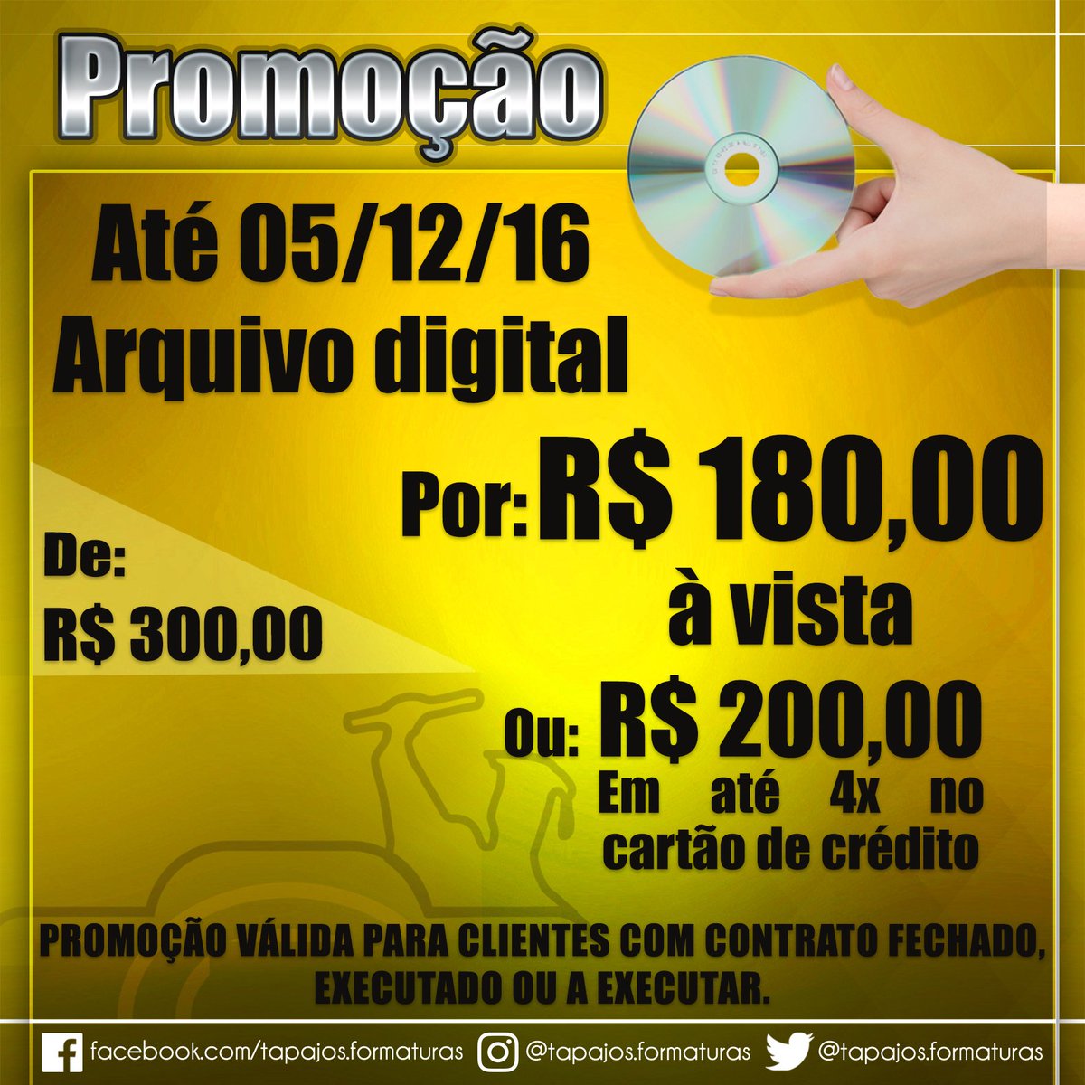 tffsantarem's tweet photo. PROMOÇÃO 📣📣📣 
TODAS suas fotos em arquivo digital* por R$ 180,00 à vista. 😍❤️📷💿📀
APROVEITE! 🎊🎉❤️
#promoção #arquivodigital https://t.co/XZ49mF2F7W