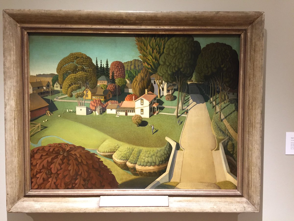 KoleHicok's tweet photo. This Grant Wood Painting gives an almost 3D feel to an image of Herbert Hoover's birth place! @dcgartdept #DCGArt https://t.co/IOEjXoAh3O