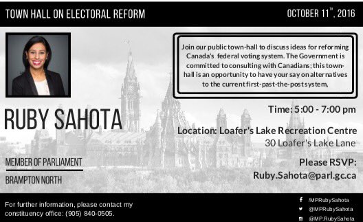 rubysahotalib's tweet photo. #Brampton North you're invite to a town hall on #ElectoralReform on Oct 11th at 5pm at Loafer's Lake Recreation Centre #ERRE #EngageInER https://t.co/hQHAHys1mv