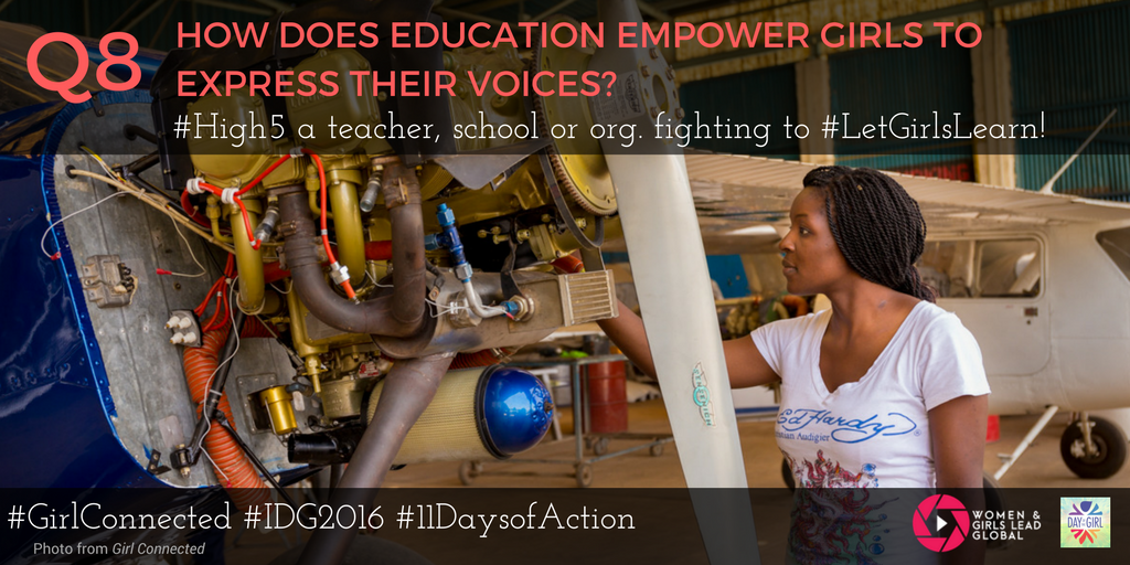 WomenGirlsLead's tweet photo. Q8 Because #girlseducation &amp;empowerment go hand in hand! #LetGirlsLearn @PeaceCorps @USAID @AkiliDada @PlanGlobal @UNICEF #High5 #IDG2016 https://t.co/R5LxoL2cj6
