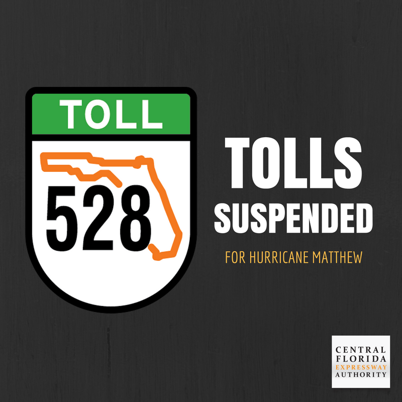 DriveEPASS's tweet photo. UPDATE: Due to #HurricaneMatthew, all tolls on #SR528 have been suspended until further notice. Please drive safely. https://t.co/Zw36qWKVs0