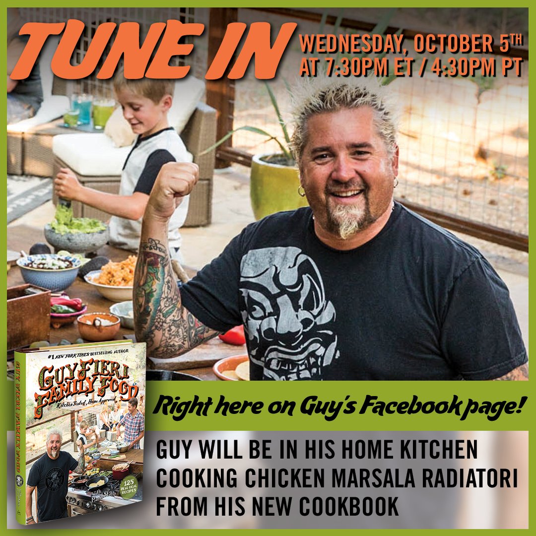 GuyFieri's tweet photo. set your alarms for 4:30pm/7:30pm EST &amp; jump over to my Facebook. Im gonna be cooking one of my favorite dishes LIVE from #FieriFamilyFood https://t.co/Qhz7Br52Pk