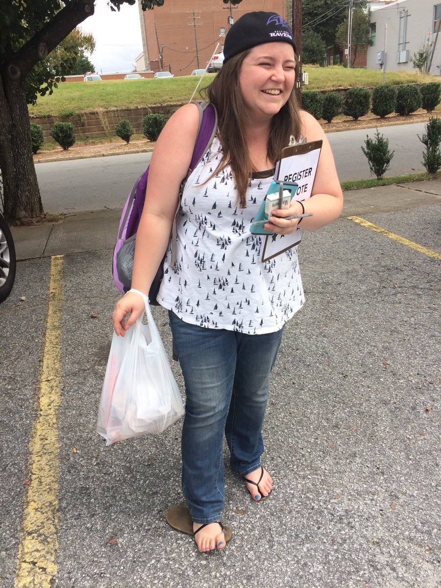 NCDPcasey's tweet photo. .@EmmaGoodacre chased too many people in the parking lot today #GetNCRegistered #GFR #LifeOfAnOrganizer #WINston9 https://t.co/694FE8MrbF