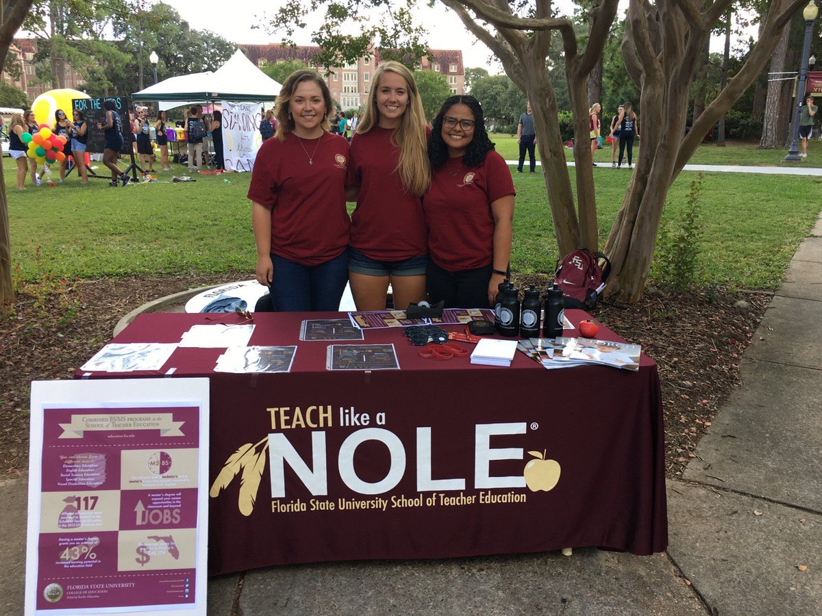FSU_TeacherEd's tweet photo. Student Ambassadors are outside of Strozier Library today talking to  students about the new combined BS/MS degree programs! #TeachLikeaNole https://t.co/uN230fcWRg