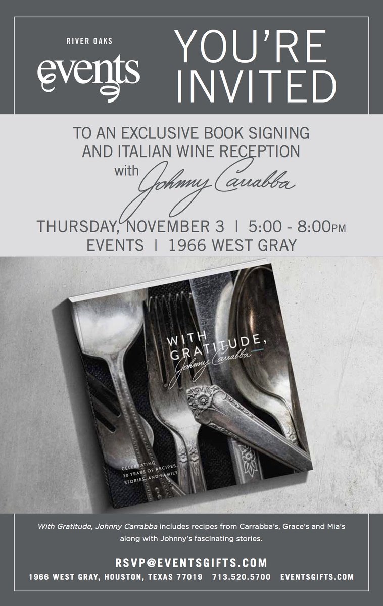 EventsGiftsHOU's tweet photo. Exclusive book signing, "With Gratitude, Johnny Carrabba", Nov 3, 5PM-8PM! RSVP@eventsgifts.com #WithGratitudeJohnnyCarrabba #EventsGiftsHou https://t.co/keX8qPNIEB