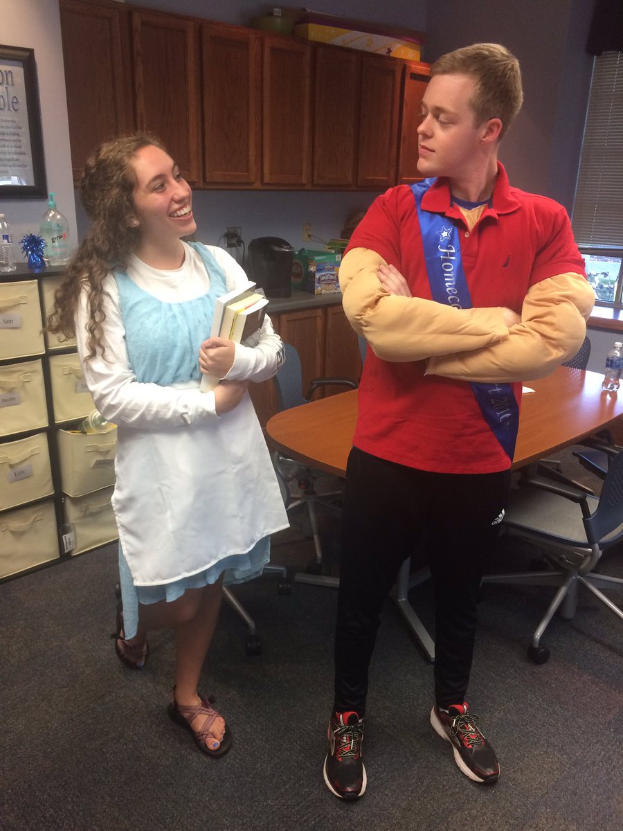 Kevin4HoCo's tweet photo. The muscles are fake, but his royal charm is not. Belle and Gaston getting ready for Yell Like Hell tomorrow night at 8! #BULyresAndKnights https://t.co/B940rvRNiP
