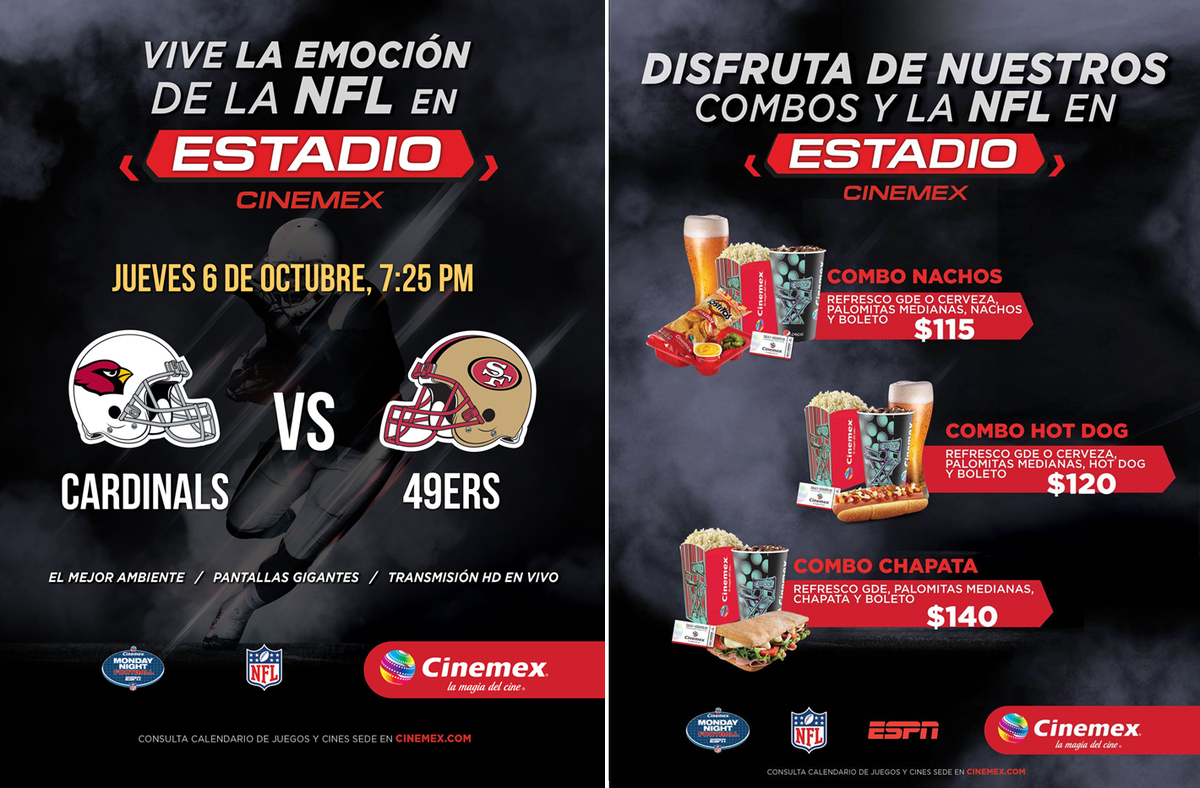 Cinemex's tweet photo. Vive la emoción de la #NFLenCinemex acompañado de botanas y cerveza
@AZCardinals VS @49ers
Boletos→ https://t.co/f2auF27hOI https://t.co/twMVrkXP7M
