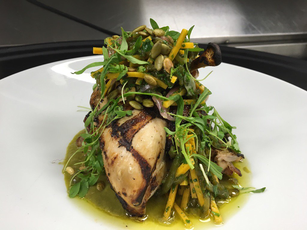 Fall item at <a href="/eatSTK/">STK Steakhouse</a> Orlando. Free Range Chicken with Toasted Pumpkin Seed Purée, Pickled Butternut Squash &amp; Epazote