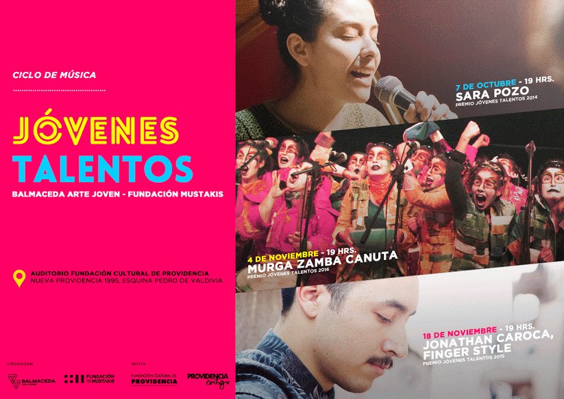 TOMEN NOTA
Ciclo de #música "JÓVENES TALENTOS"  7 de oct, 4 y 18 de noviembre <a href="/balm_artejoven/">Balmaceda Arte Joven</a> <a href="/JonathanCaroca/">Jonathan Caroca ♫</a> <a href="/Zamba_y_Canuta/">Murga Zamba y Canuta</a> <a href="/Sarasaristica/">Sara Pozo</a>