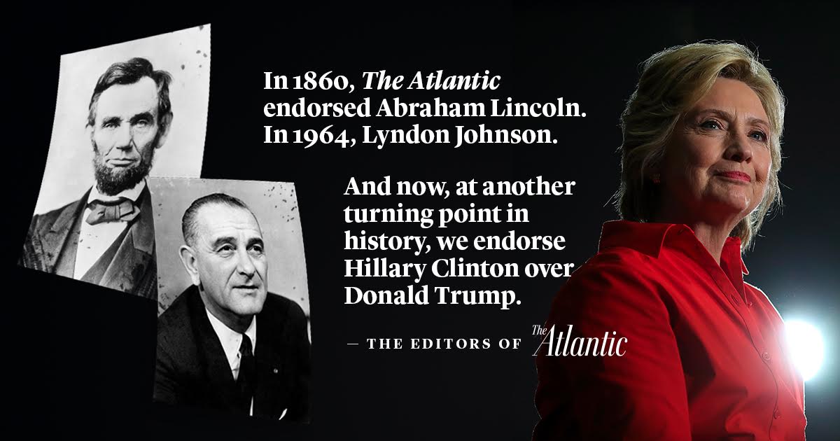 TheAtlantic's tweet photo. The Atlantic makes our third endorsement in history: https://t.co/vMCXtqnpGc https://t.co/hFjWPArmp9