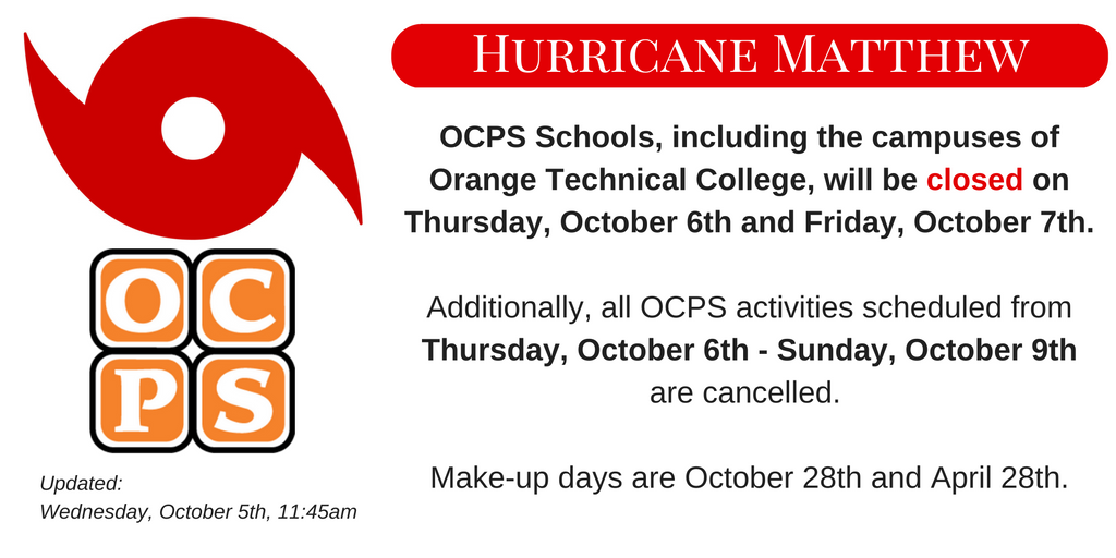 OCPSnews's tweet photo. Reminder to @ocpsotc students: no class Thurs/Fri &amp; all activities (on or off campus) are cancelled Thurs through Sunday. #HurricaneMatthew https://t.co/LzRSiCNVfG