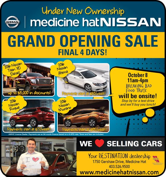 MH Nissan is under new ownership &amp; having a HUGE grand opening sale! These deals &amp; 'til Oct 8. <a href="/MedHatNissan/">Medicine Hat Nissan</a> medicinehatnissan.com -AD