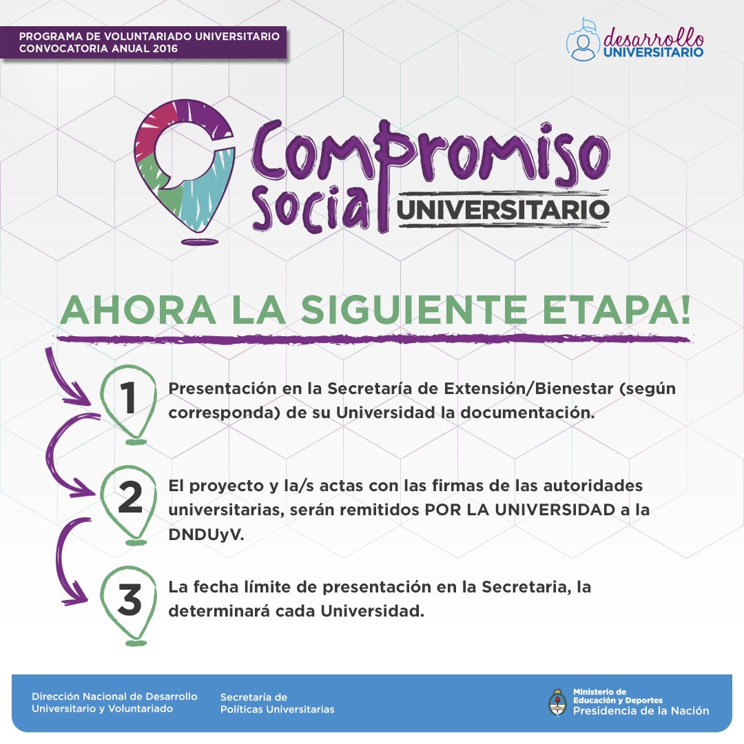 torneojuar's tweet photo. #ConvocatoriaSPU | #CSU2016 | Convocatoria de Compromiso Social Universitario
Siguiente etapa.
Dudas o consultas: voluntariado@me.gov.ar https://t.co/0zxMHX1iAL